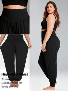 Calça de Corrida Plus Size Cintura Alta Elástica Cor Sólida, Calça Casual de Yoga Solta e Fluida para Mulheres Esportes Preto - Preto - Visão 6