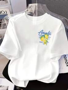 Double-Sided Cotton T-Shirt With An Amalfi Lemon Print. Comfortable And Easy To Match, Machine Washable For Everyday Wear. - 白色 - 查看 2