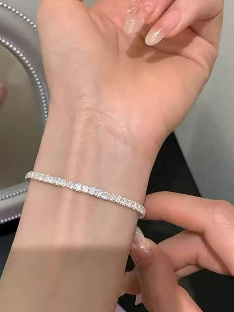 1pc/2pcs Silver/Gold/Colorful/Rose Gold Clasp Rhinestone Zinc Alloy Bracelet, Luxury Minimalist Fully Paved Bracelet, Delicate Fashion Accessory Suitable For Women's Daily Wear - Silver - View 1