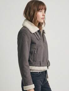 Women's Suede Jacket, Winter Jacket With Belt, Fashionable, Versatile, Elegant, Cold Weather - Gris - Ver 5