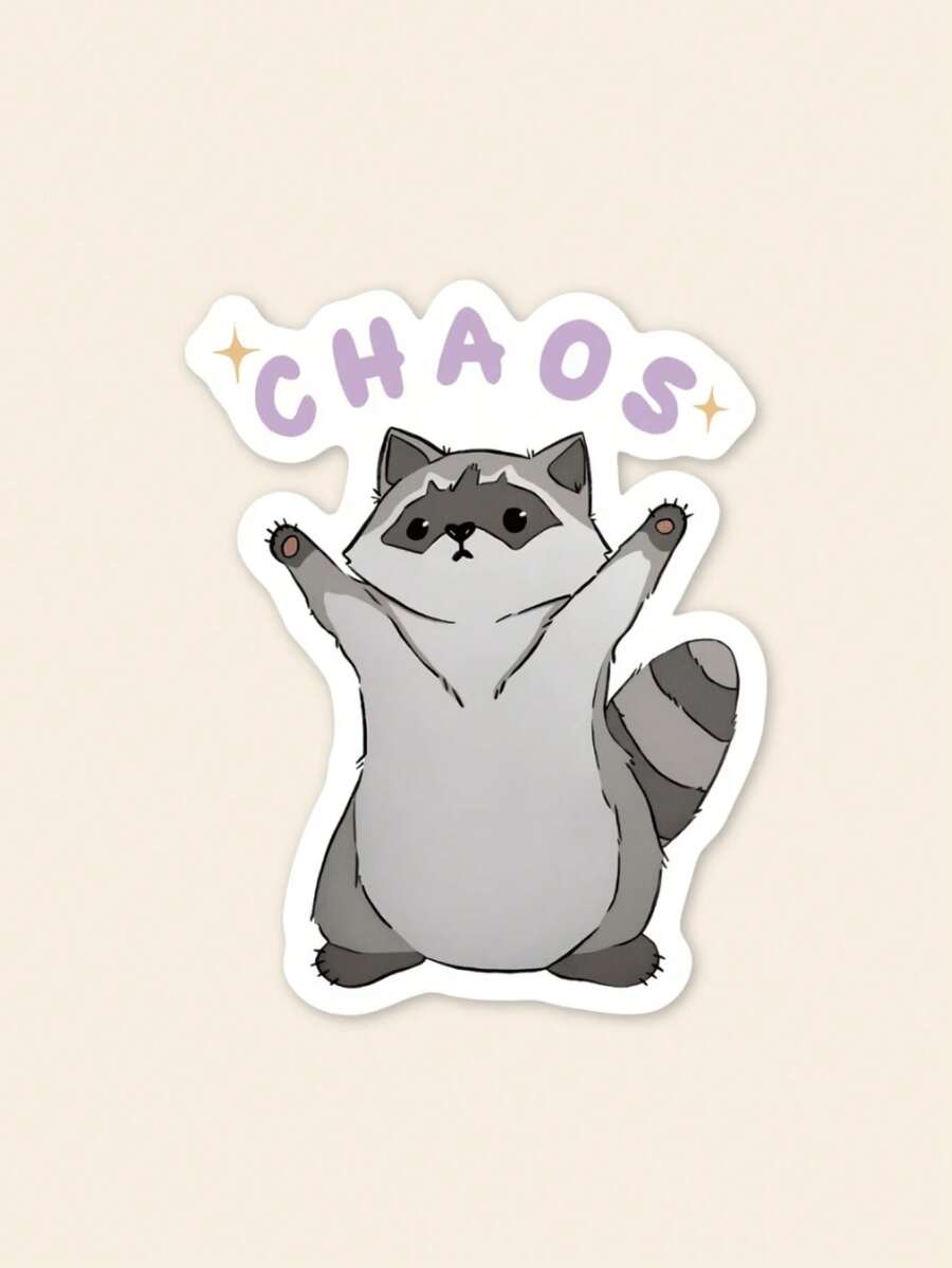 "CHAOS" Cute Raccoon Sticker, Funny Trash Panda Aesthetic Decal For Kindle & Laptop, Kawaii Animal Spirit Sticker, Mental Health Humor Gift - Multicolor - View 1