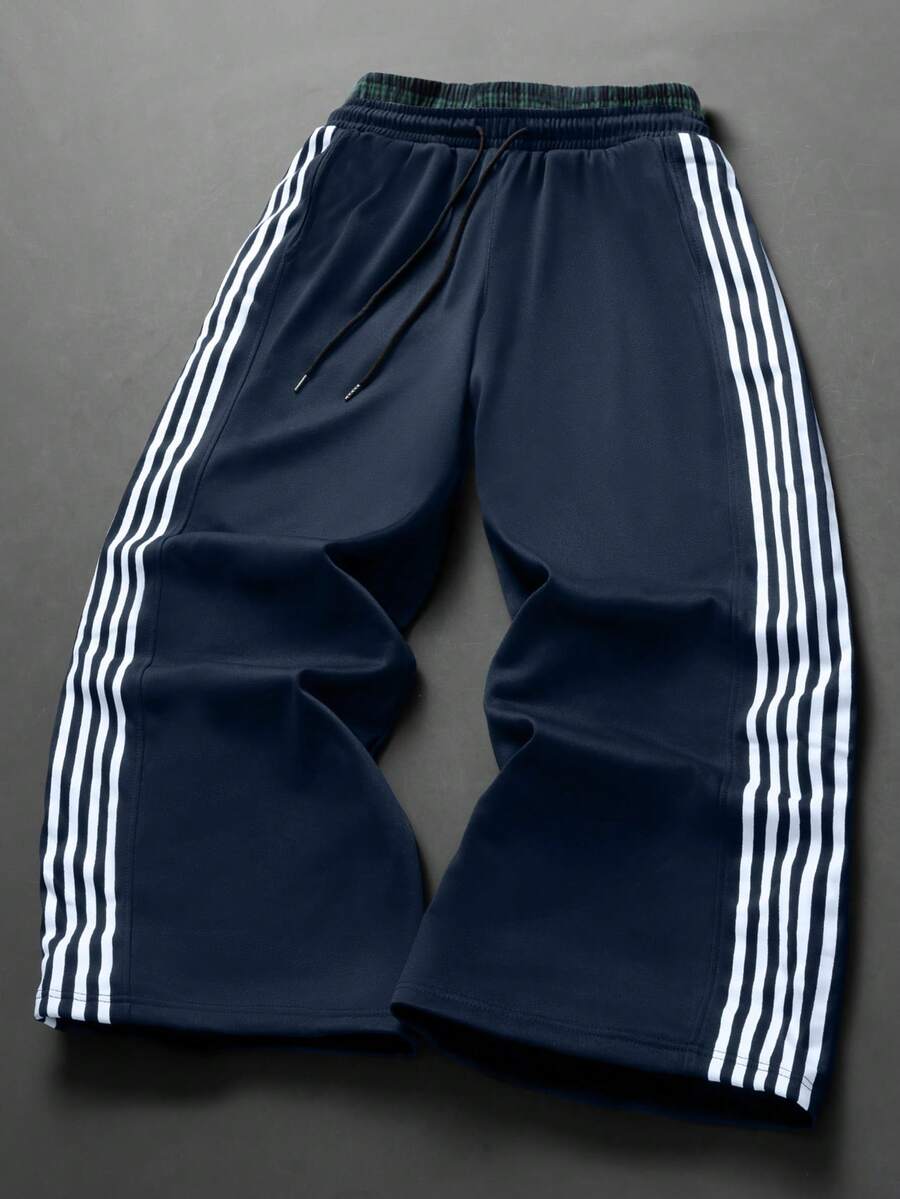 Casual Double-Waist Plaid Pants, Personalized Versatile Printed Style - Navy Blue - View 1