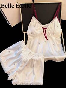 Belle Étoile 2026 Korean Version Strap Sleepwear Set With Padded Bra Lace Trim Satin Ice Silk Sexy Summer Pajamas - 紅色花朵 - 查看 2