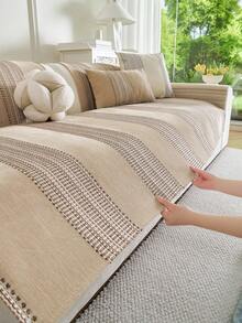 1 chiếc vỏ đệm sofa kẻ sọc jacquard chenille, kiểu dáng tối giản, dùng được cả bốn mùa, chống trượt, chống bụi, chống nhăn, bền, chống trầy xước do mèo cào, chăn sofa, đệm sofa, phù hợp với sofa 1-4 chỗ và sofa hình chữ L. - Màu Khaki - Xem 4