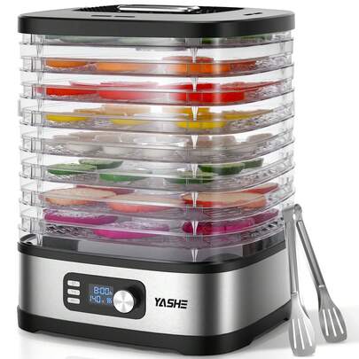 YASHE 304 Stainless Steel 8-Tray Food Dehydrator, 72H Timer & Temp Control Up To 158℉, Includes 8 Mesh Sheets, 1 Fruit Roll Tray, 1 Tongs, Recipe Book For Jerky, Fruit, Meat, Vegetables, Herbs