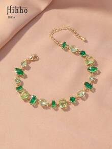Hihho 1pc Gradient Green & Gold Gemstone Bracelet, Niche Luxury Ins Style Multi-Gem Tennis Bracelet, Jewelry For Young People, Party, Daily Wear, Stacking - gradient green - View 6