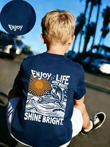 Tween Boy Casual Graphic Print Crew Neck Short Sleeve T-Shirt, Summer Top - Navy Blue - View 1