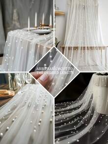 1 Stück zarter romantischer Perlen-Dekor Chiffon Tischläufer, weiß, geeignet für Hochzeit, Paar-Date, Feiertagsparty Dekoration - Imitationsperlennetz - Übersicht 7