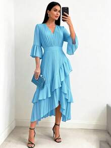 Women's Solid Color Casual Asymmetric Asymmetrical Ruffle Hem Vacation Midi Dress, Summer Elegant - Baby Blue - View 1