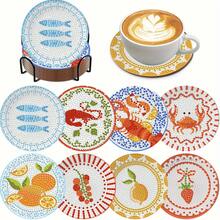 8件套钻石画杯垫套装 - 生物与水果图案，圆形闪亮钻石，全套工具，DIY手工放松，春节、圣诞节、教师节的绝佳礼物 - 送给家人和朋友的实用乔迁礼物 - 彩色 - 查看 2