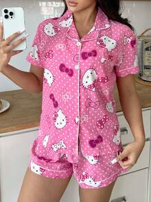 Bộ đồ ngủ 2 món Sanrio dành cho nữ, gồm áo ngắn tay cổ chữ V in hình Hello Kitty và quần ống rộng thắt nơ; bộ đồ ngủ mùa hè. - Màu Hồng Tươi - Xem 3