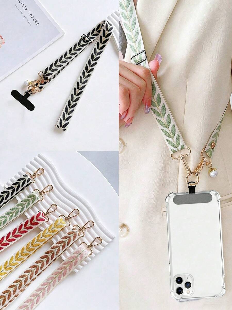 Leaf Phone Case With Lanyard Long Crossbody Shoulder Chain Faux Pearl Pendant Hanging Adjustable Neck Wide Fabric Shoulder Strap Cover - Multicolor - View 1