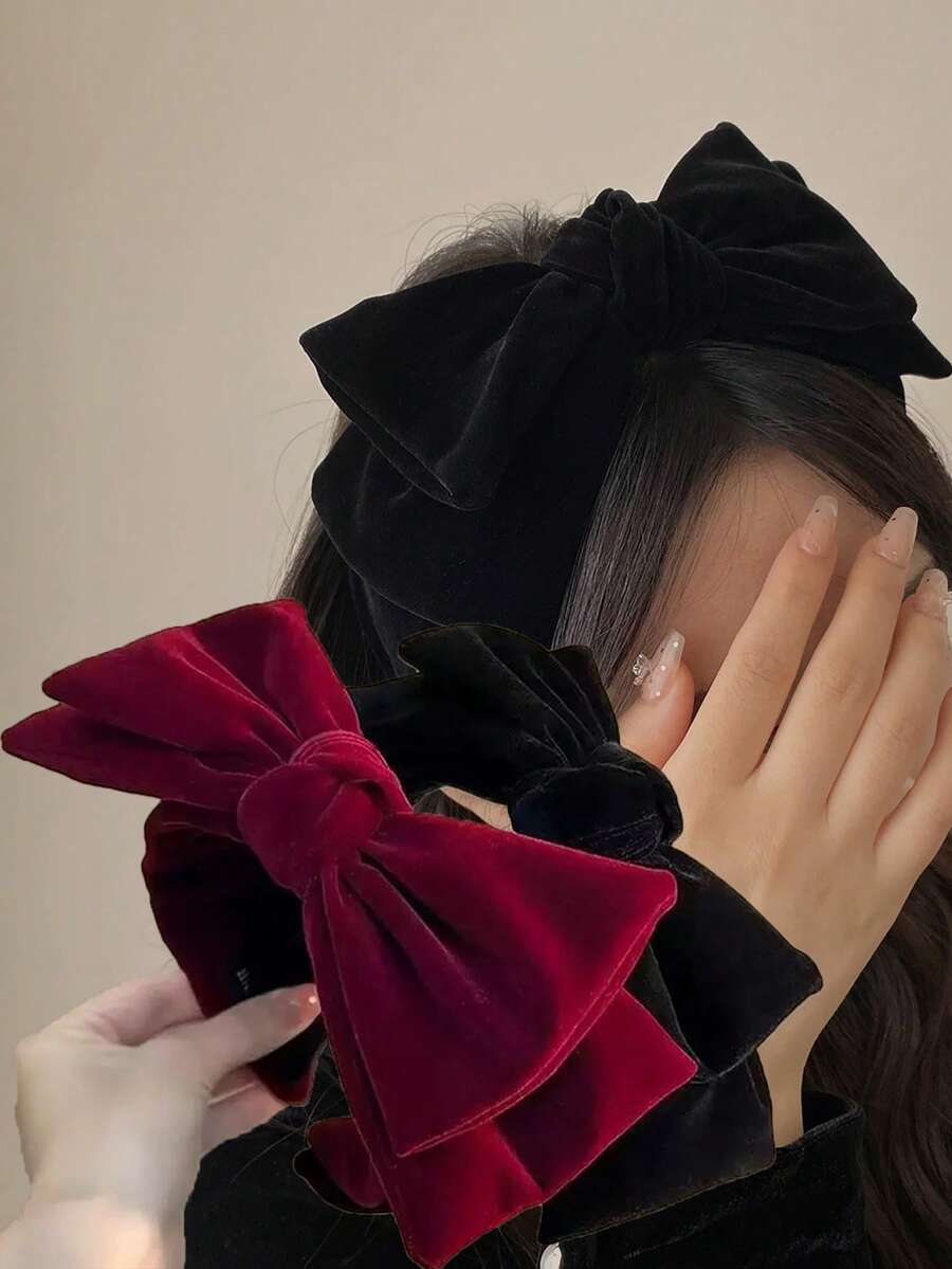 1件装大蝴蝶结宽发箍 – 黑色/酒红色可选，女士优雅复古日常发饰，婚礼/派对/新娘头饰 - 彩色 - 查看 1