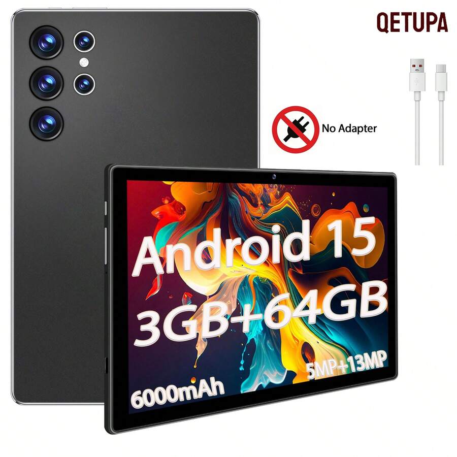 Qetupa 10.1英寸Z50安卓14平板电脑,3GB运行内存+64GB机身存储,MTK 6755八核1.6GHz处理器,高清(1280x800) IPS触控屏,支持蓝牙5.2和802.11ac WiFi 5,GPS,200万像素前置摄像头和500万像素后置摄像头,6000mAh大容量电池(不支持SIM卡)。采用耐用的铝硅酸盐玻璃机身,轻巧坚固,适合作为儿童圣诞礼物和成人惊喜礼物(不含适配器)。 - 黑色 - 查看 1