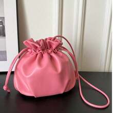 Cute Pink Ruched Drawstring Bucket Bag, Soft Cloud-Like Texture Mini Drawstring Pouch, Versatile Casual & Date Daily Wear Shoulder/Crossbody Bag For Girls - Pink - View 4