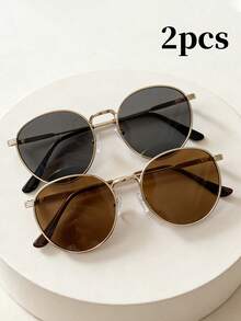 2pcs Summer Fashion Eyeglasses Set, Retro Oval Metal Frame Decorative Glasses, Unisex Street Style Casual Commute Accessory - 2 Round Gray-brown Pieces - View 8