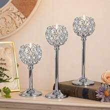 3pcs Gold Crystal Candle Holder Set, Vintage Hollow Ball Metal Lantern Candle Holders, Suitable For Wedding And Home Decor Centerpiece - Multicolor - View 5
