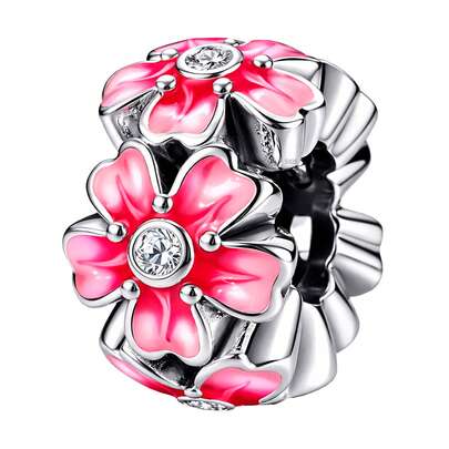 VENTDEPOT Charm floral rosa separador plata, MXXAA-001, 1Pza, Plata S925 Chapa, Separador, Clip, Rosca/Flores, Plata/Rosa, Caja Blanca 4x4cm.