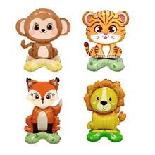 4pcs Cartoon Standing Base Animal Foil Balloons Tiger Lion Monkey Fox Shaped Suitable For Birthday Party Children Party Decoration - 多色 - 查看 3