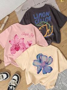 3pcs/Set Summer New Floral Print Casual Round Neck Short Sleeve T-Shirt, Fashionable & Versatile Women Tops Pink - 深灰色 - 查看 2