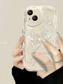 1个极简水波纹浪漫蝴蝶透明触感手机壳，适用于 17 Air 16 15 14 13 12 11 Pro Max Plus，柔软防摔TPU后盖 - 無色 - 查看 3