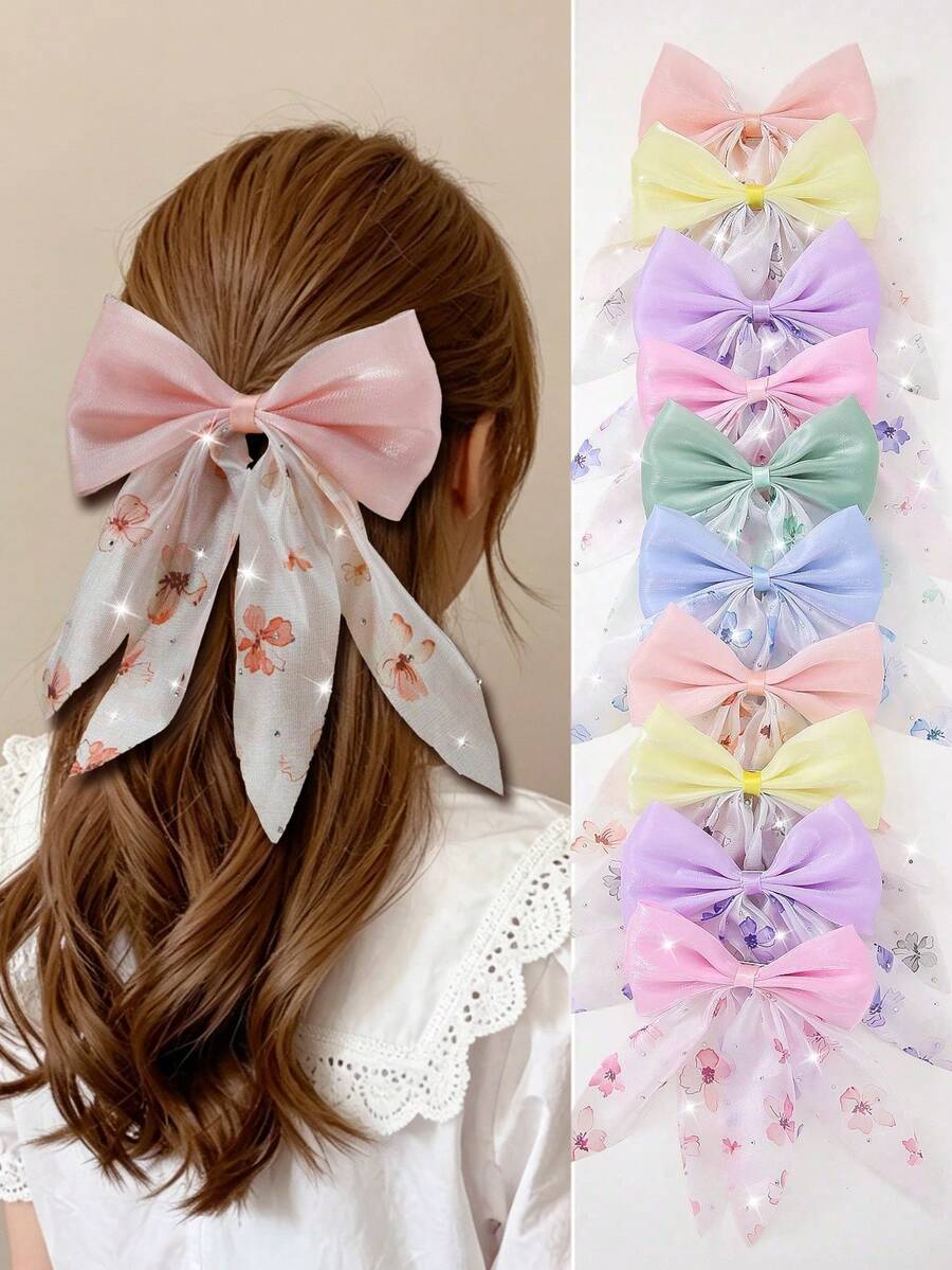 6 piezas de pinzas para el cabello de niñas con estampado de mariposa de strass brillante y colorido, de malla y gasa con lazo, accesorios para el cabello, pinzas para la cabeza, pinzas traseras, pinzas laterales, pinzas de cocodrilo para uso diario - Multicolor - Ver 1