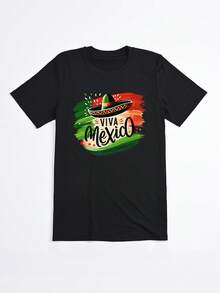 Camiseta Negra Viva Mexico con Sombrero y Bandera Mexicana para Fiesta y Verano - Negro - Ver 2