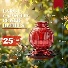 25 Oz Glass Hummingbird Feeder, Leak Proof – 5 Feeding Ports, Vintage Ball Shape, For Outside Or Garden Decor - Red - View 6