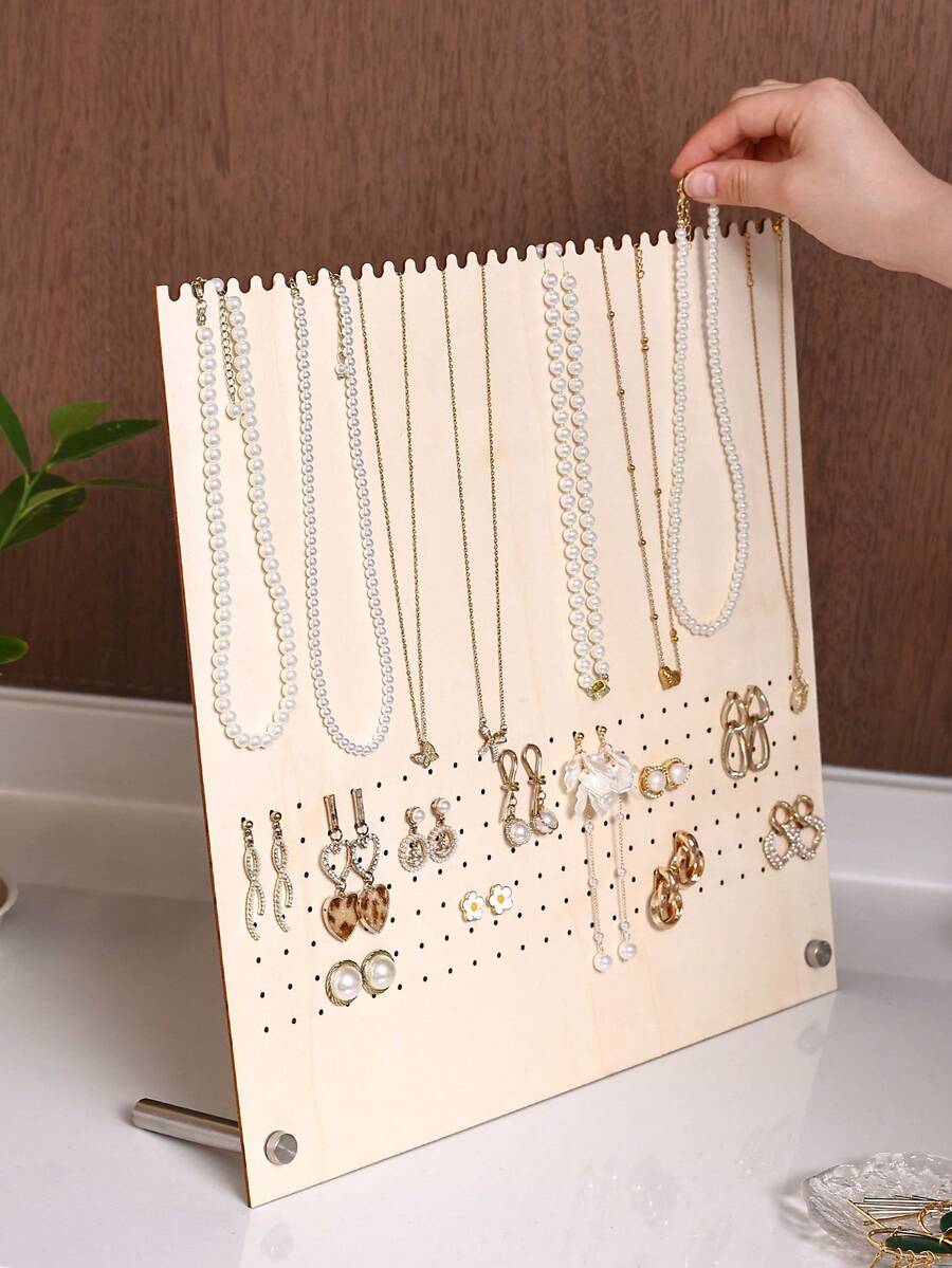 1 buah Organizer Perhiasan, Rak Pajangan Perhiasan Kayu Multifungsi, Tempat Kalung & Anting dengan 168 Lubang Anting dan 30 Slot Kalung, Desain Serat Kayu Alami yang Sederhana dan Segar, Cocok untuk Meja Rias, Kamar Tidur, dan Meja Konter Toko Perhiasan - Kuning - View 1
