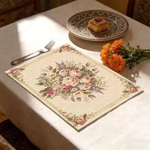 1/4/6/8/12pcs 2D Pink Vintage Floral Pattern Linen Table Mats, Washable Printed Placemats, Surface Protector, Indoor/Outdoor Dining Table Mats, Suitable For Holiday Banquet Kitchen Table Decoration - Multicolor - View 8