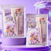 Hasbro K-Pop Style "Demon Hunter" Themed Stationery Set: Includes A Set Of Rulers (4 Clear Scale Rulers), 1 K-Pop Style "Demon Hunter" Cartoon Brooch, 1 Purple Retractable Gel Pen, 1 Portable Asymmet-Shaped Notebook, And 1 Thickened Spiral Notebook. This Is The Perfect Stationery Set Designed For K-Pop Fans - A - View 1
