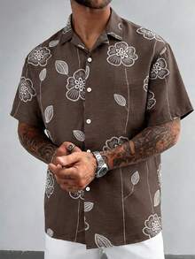 GloMan Men's Summer Casual Floral Pattern Front Button Short Sleeve Shirt.Lightweight,Breathable.For Daily,Vacations,Beach Trips.Father's Day Gift. - Brown - View 1