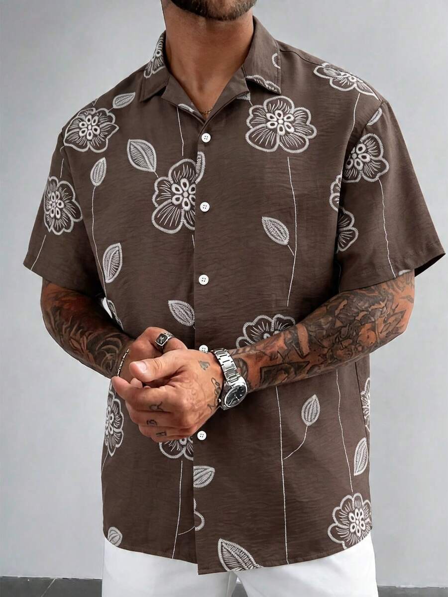 GloMan Men's Summer Casual Floral Pattern Front Button Short Sleeve Shirt.Lightweight,Breathable.For Daily,Vacations,Beach Trips.Father's Day Gift. - Brown - View 1