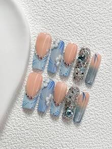 10Pcs Ethereal And Aloof Style Handmade Nail Art Set,Unghie Press On,Heart, Open Work Heart, Cat Nail Art Accessories,Hand Sculpted Petals And Lines Nail Art Decorations,Blue And White Nail Polish,Cool And Stylish Aesthetic,Comes With Nail Tools(1 Sheets Jelly Stickers+1PC Nail File)3 Sizes Available,Almond Nails, Duck Nails,Coffin Nails,Suitable For Reunion,Daily,Party,Photograph,Play,Spring Summer,Commute Supplies Nails - 彩色 - 查看 14