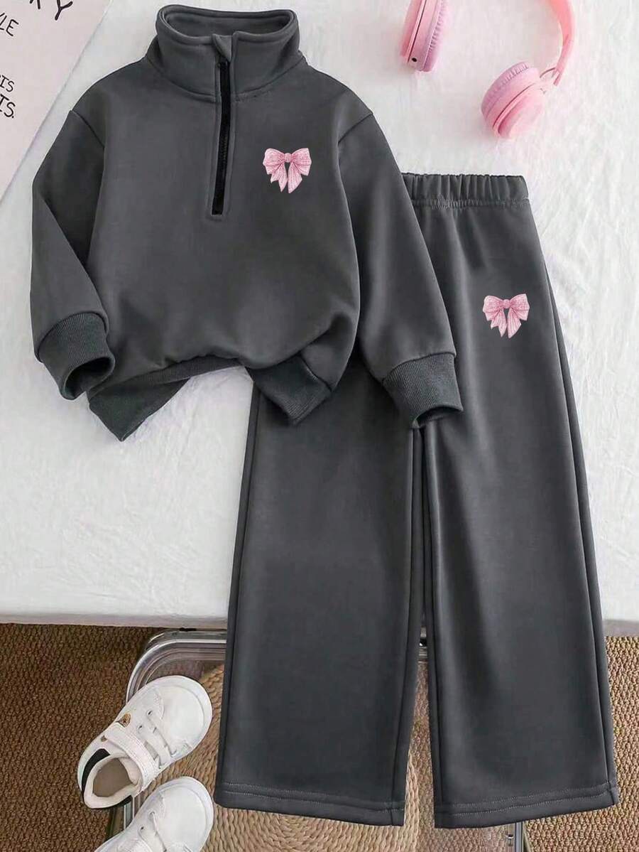 2pcs Young Girl Solid Color Bow Graphic Sweatshirt And Pants Set, Minimalist Design, Comfortable For Spring, Autumn And Winter - Dark Grey - View 1
