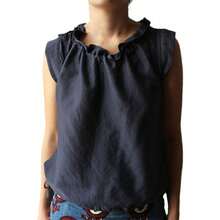 Casual Summer Top Made Of Cotton And Linen In A Solid Color With A Buttoned Collar And No Sleeves - Dark Blue - View 4