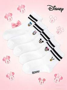 Disney 5件套卡通人物印花儿童中筒护腿套，图案包括史迪奇、唐老鸭、黛丝鸭，白色双条纹护腿套 - 彩色 - 查看 1