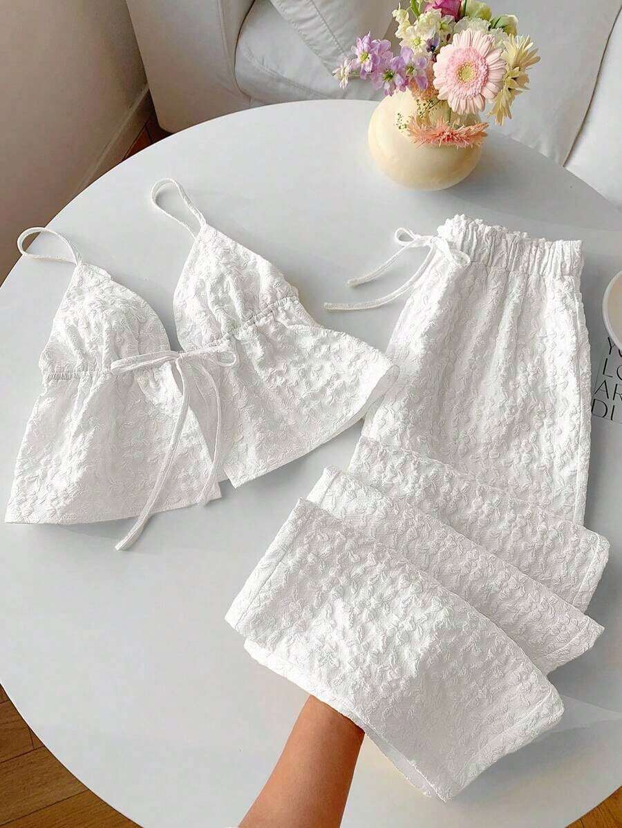 2 piezas Conjunto casual de vacaciones con rayas tejidas amarillas para mujer, /verano - Beis - Ver 1