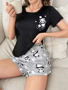 Black Print Short Sleeve Top And Shorts 2 Pieces Pajama Set For Women - Black - View 4