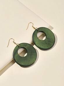 1 Pair Vintage Wooden Hollow Circle Pendant Earrings - Green a - View 4