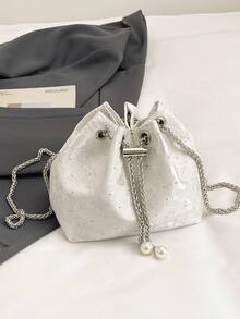 1pc Nylon Solid Color Drawstring Chain Pearl Decor Plush Pendant Accessory, Fashionable Rivet Crossbody Bag For Women - White - View 3