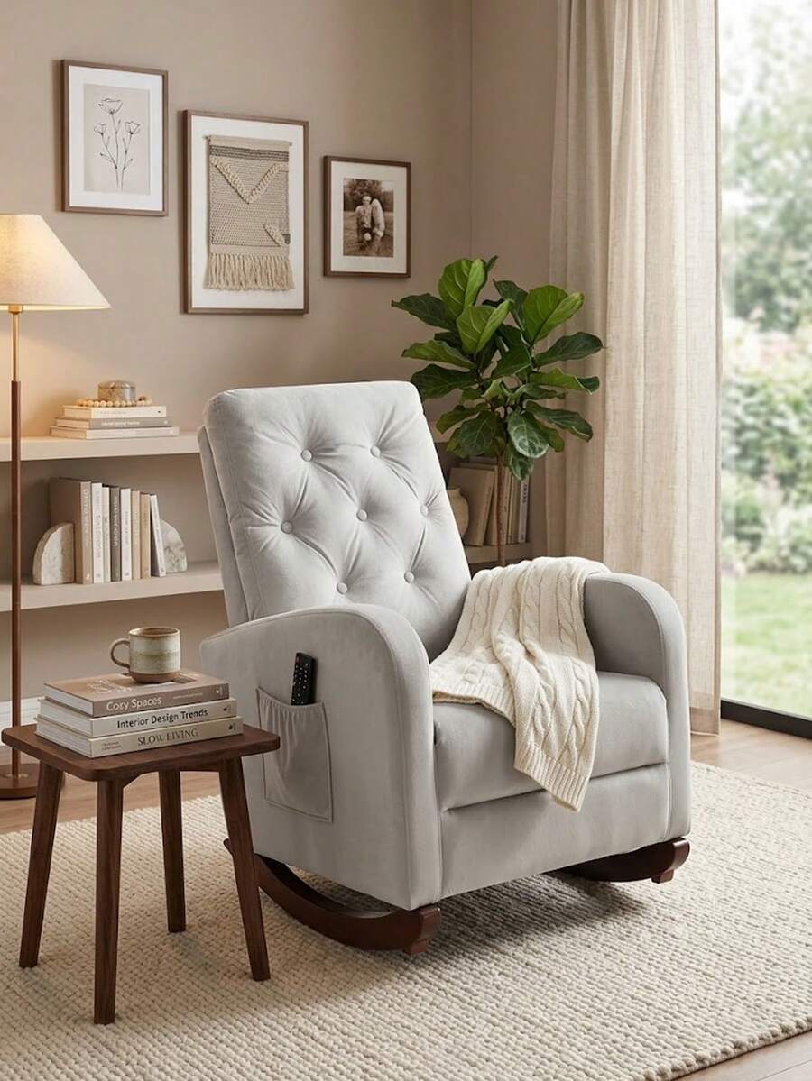 High Back Velvet Rocking Chair, Modern Upholstered Glider Rocker With Side Pocket, Comfy Accent Recliner Chair For Living Room, Bedroom - 淺灰色 - 查看 1