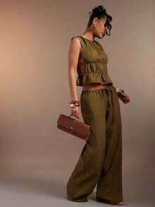 Women's Sexy Casual Wide Leg Linen Long Pants - Army Green - View 3