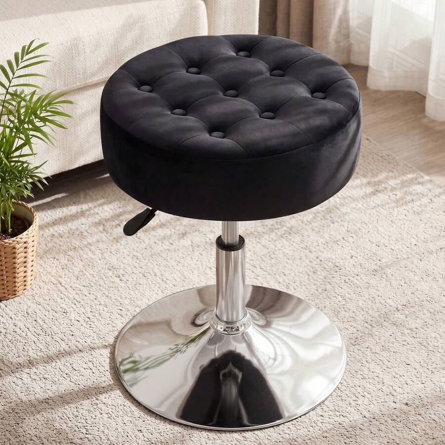 Fumahaus Modern Velvet 360°Swivel Round Ottoman Stool,Comfortable 16.5'' Tufted Vanity Stool,Upholstered Padded Accent Stool For Makeup Room,Bedroom,Black - 黑色 - 查看 1