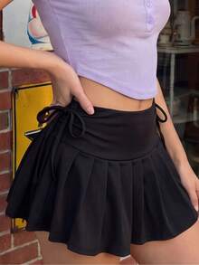 Women Athletic Pleated Skirt Side Ruched Drawstring Low Rise A-line Mini Skirts for Daily Sports Game Day - Negro - Ver 2