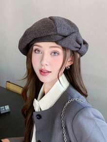 1pc Elegant Boho Chic Vintage Sweet Bow Beret Hat, Casual Cute Street Style Hat Women, Suitable Daily Wear And Shopping Halloween,Summer,Beach - 灰色 - 查看 11