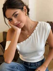 Women's Summer Solid Color Fashion Casual Street Style Spicy Girl Style Rivet Decor Irregular Collar Short Sleeve Wide Hem Cropped Top - White - View 7