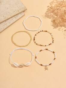 5pcs/Set Beachy Boho Style Freshwater Pearl Anklet With Starfish Pendant, Versatile For Daily Wear, Dates, Beach Vacation. The Pearl Arrangement Order Is Random. - Multicolor - View 2