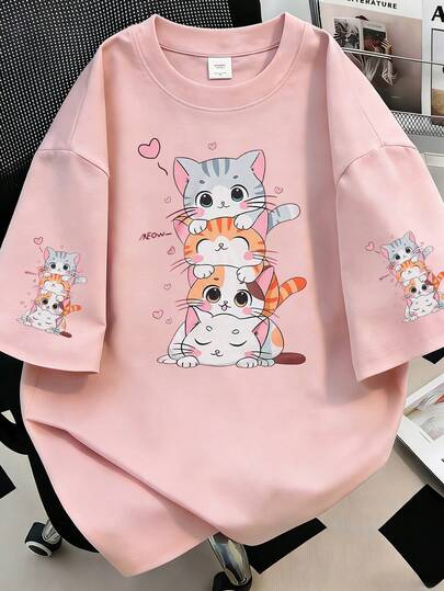 4 piezas Camiseta de cuello redondo con estampado floral minimalista y casual, Tallas grandes Blusa de verano para mujer con puño de manga corta estampado, Adecuado para uso diario, playa, vacaciones Color: Rosa