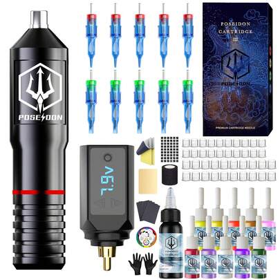 POSEIDON Tattoo Gun Kit Wireless Tattoo Kit With 1200 MAh Battery Tattoo Machine Kit Tattoo Pen Kit With 11 Pcs Colors Tattoo Ink, 10 Pcs Cartridge Needles, 1 Pc Tattoo Bandage, 1 Pc Practice Skin, 2 Pcs Transfer Paper, 40 Pcs Ink Cups, 2 Pcs Gloves, 1 Pc Color Wheel For Beginners And Artists
